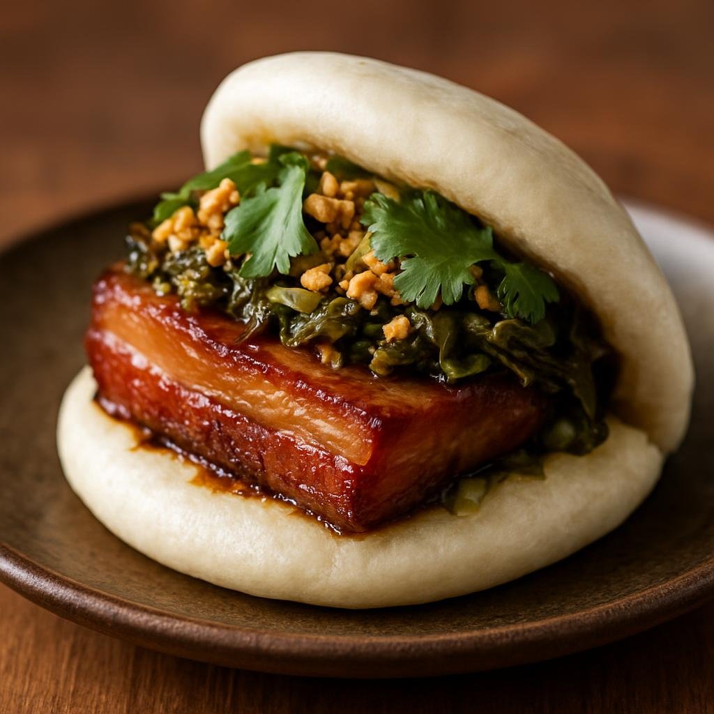 Entree: Taiwan – 刈包 ➤ guà bāo (Steamed folded wheat bun stuffed with braised pork belly, pickled greens, crushed peanuts, and herbs) recipe
