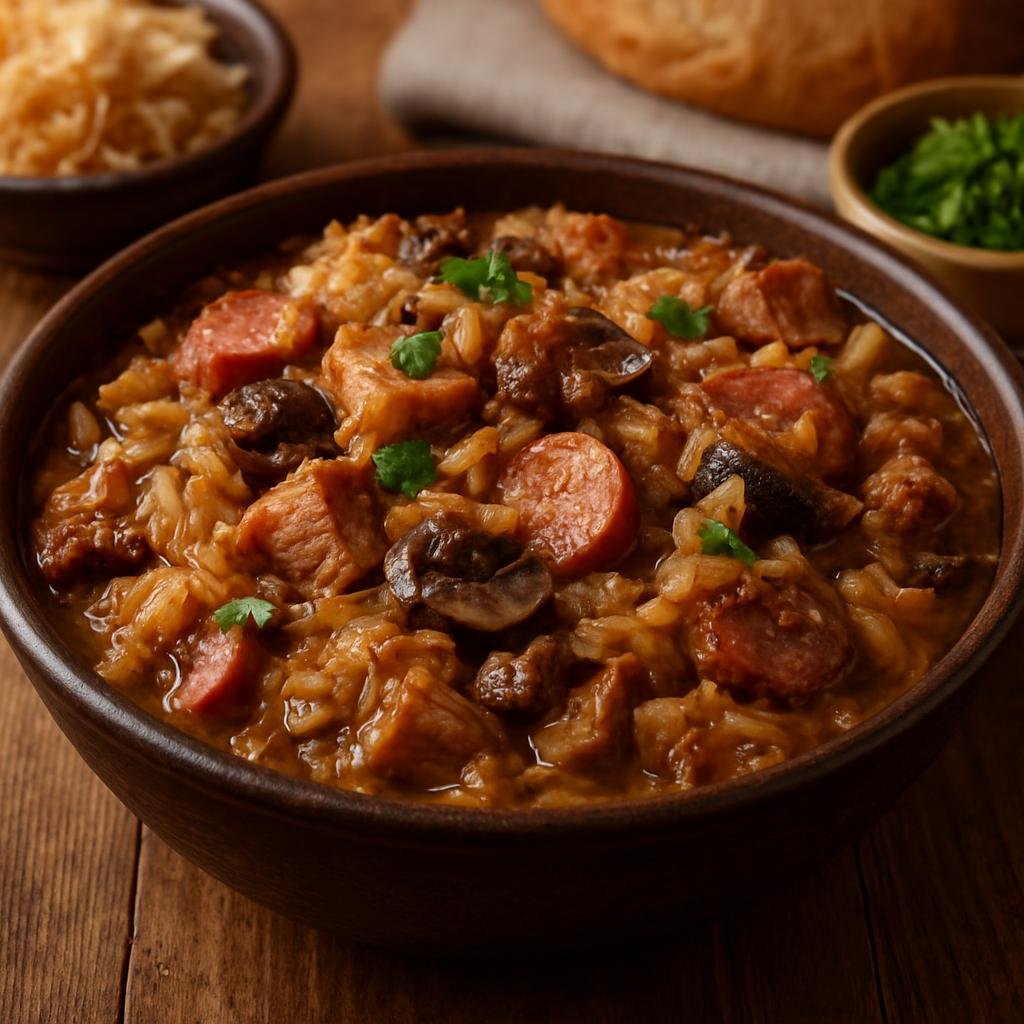 Entree: Poland – Greater Poland – Bigos (Traditional Polish hunter’s stew of sauerkraut, fresh cabbage, assorted meats, and mushrooms) recipe