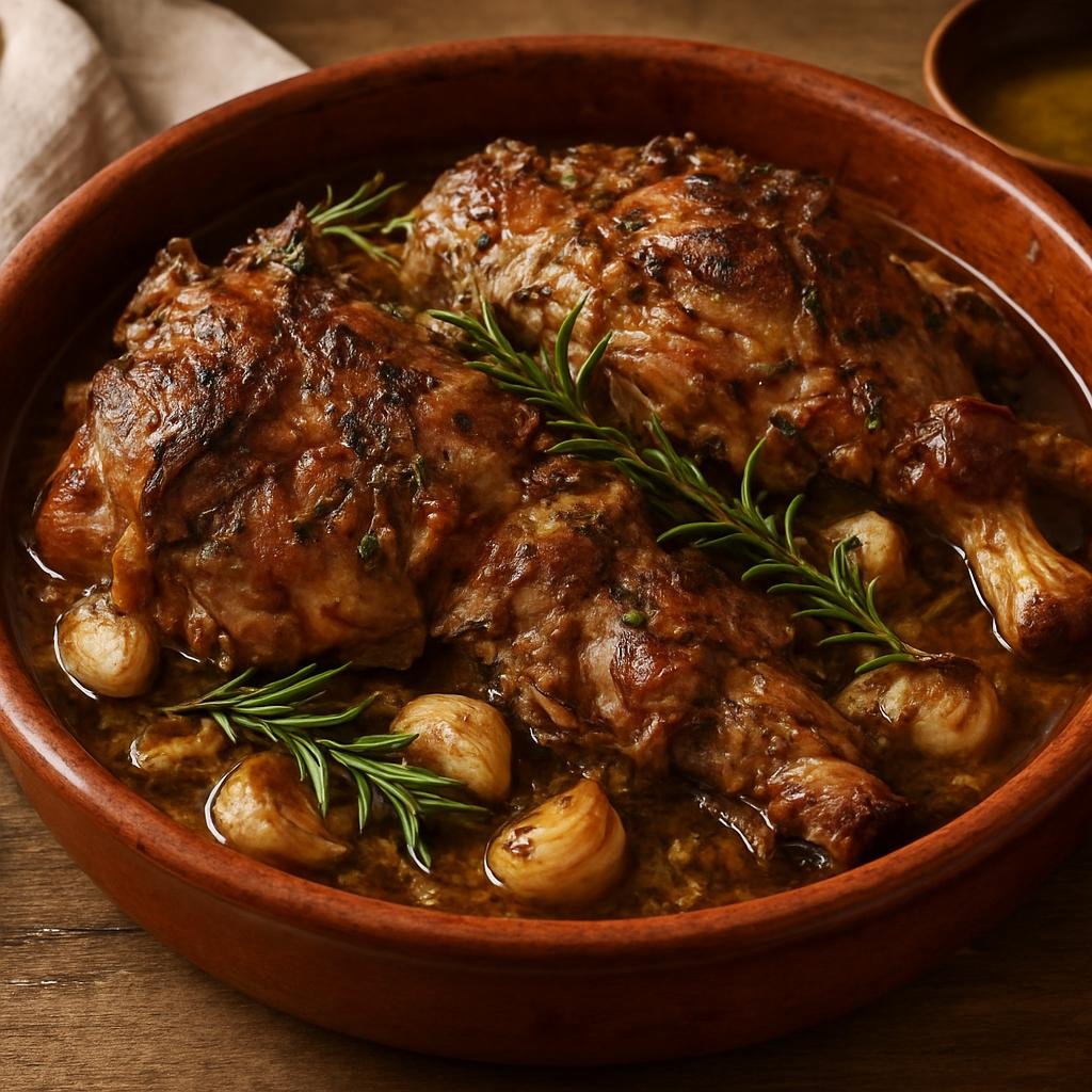 Entree: Portugal – Alentejo – Borrego Assado no Forno (Alentejo-style oven-roasted lamb marinated with garlic, wine, olive oil and regional herbs) recipe