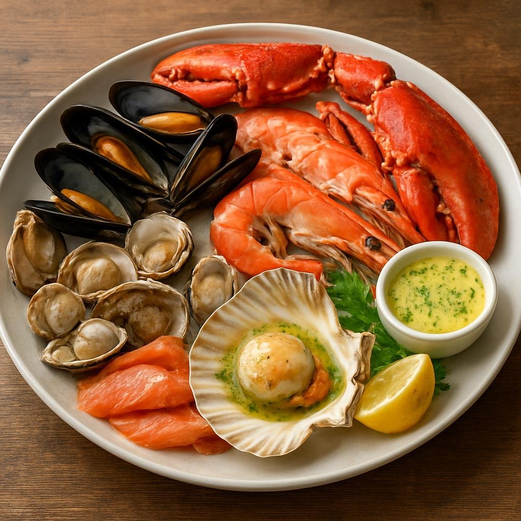 Entree: Ireland – Cork & Munster – Ballycotton Seafood Platter (Assorted fresh Ballycotton and Munster seafood served hot and cold with lemon and herb butter) recipe
