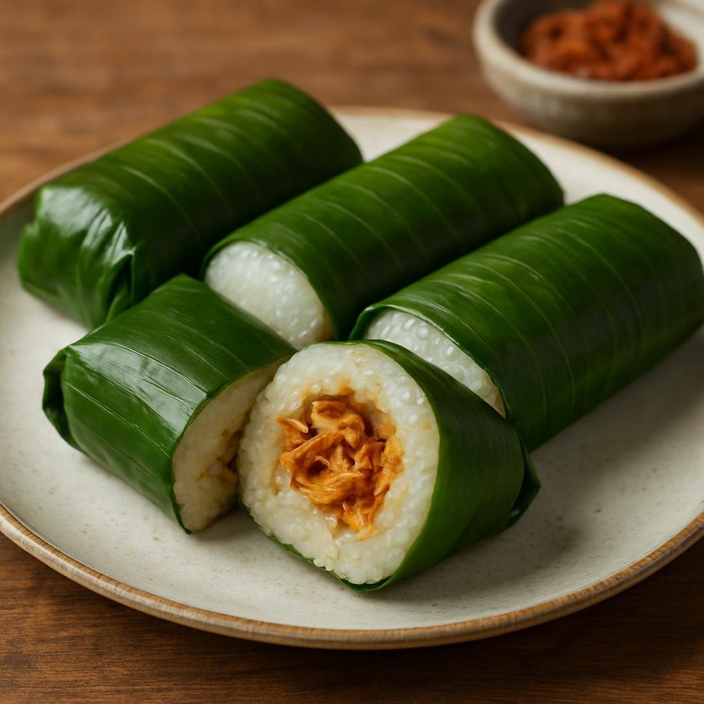 Entree: Netherlands – Dutch Indonesian Rijsttafel – Lemper Ayam (Sticky glutinous rice rolls filled with spiced shredded chicken) recipe