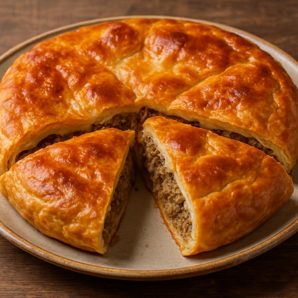 Entree: Romania – Banat – Plăcintă cu carne (Savory baked pastry filled with seasoned ground meat) recipe