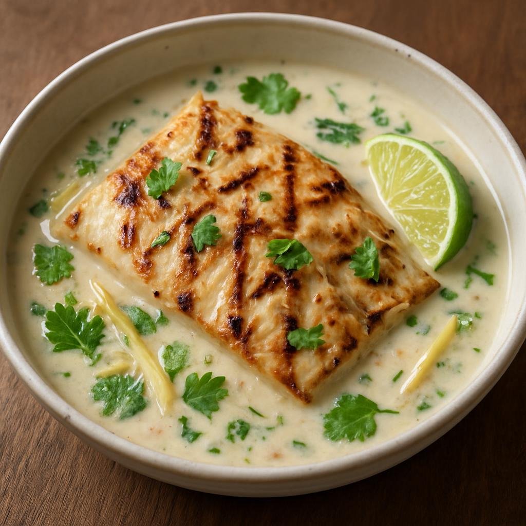 Entree: American Samoa – Central Culinary Region – Grilled Fish with Coconut Milk (Char-grilled firm white fish simmered briefly in a fragrant coconut milk sauce with ginger, lime, and island aromatics) recipe