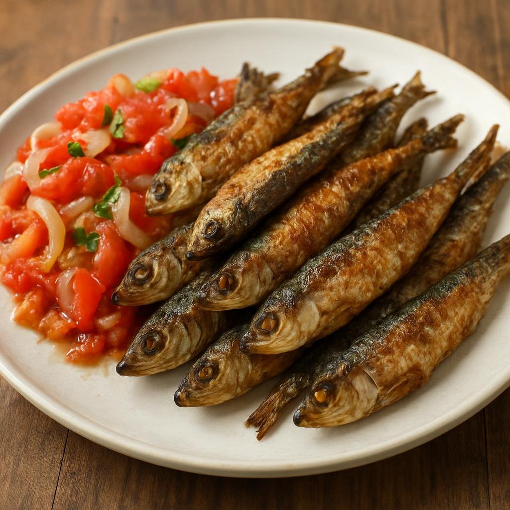 Entree: Zimbabwe – National Cuisine – Matemba (Pan-fried small dried lake fish served with an onion and tomato relish) recipe
