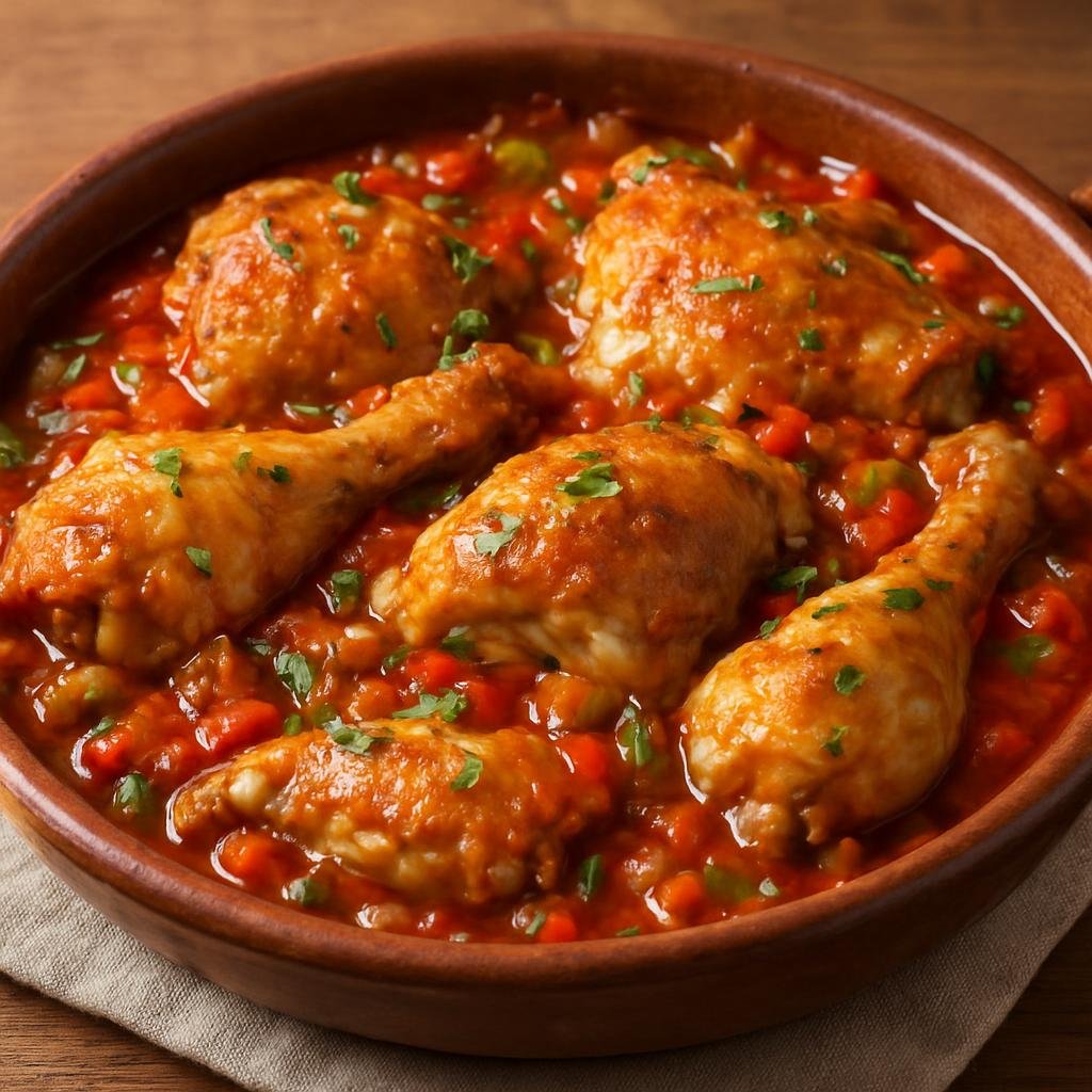 Entree: Andorra – Pollastre a la Cassola (Catalan-style braised chicken cooked slowly in a tomato and vegetable casserole) recipe