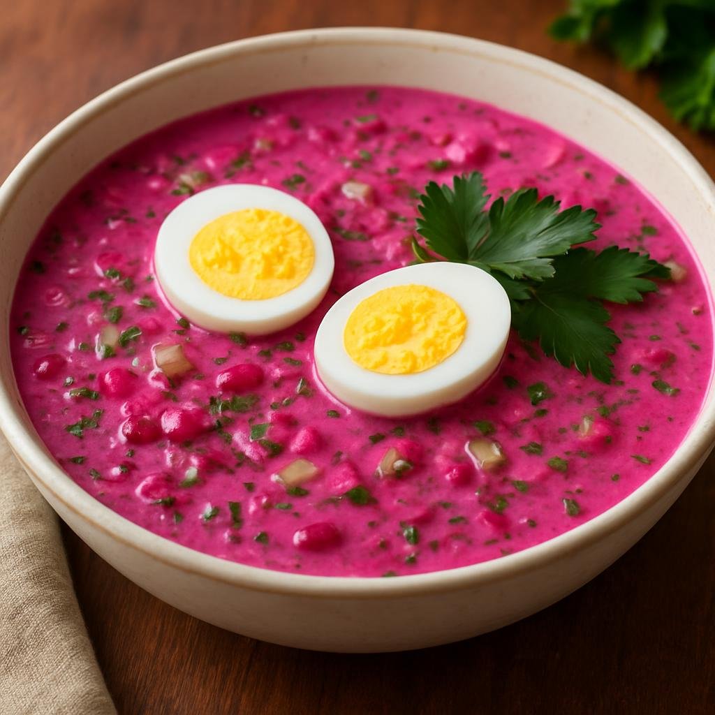 Entree: Belarus – Холодник ➤ Kholodnik (Cold beet and vegetable soup typically served with hard-boiled eggs and fresh herbs) recipe