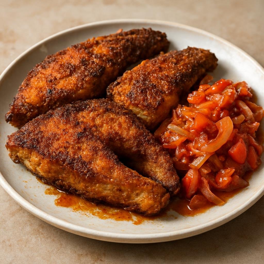 Entree: Chad – Central Culinary Region – Fried Nile Perch (Crisply fried Nile perch fillets seasoned with Central Chadian spices and served with a tangy onion-tomato relish) recipe