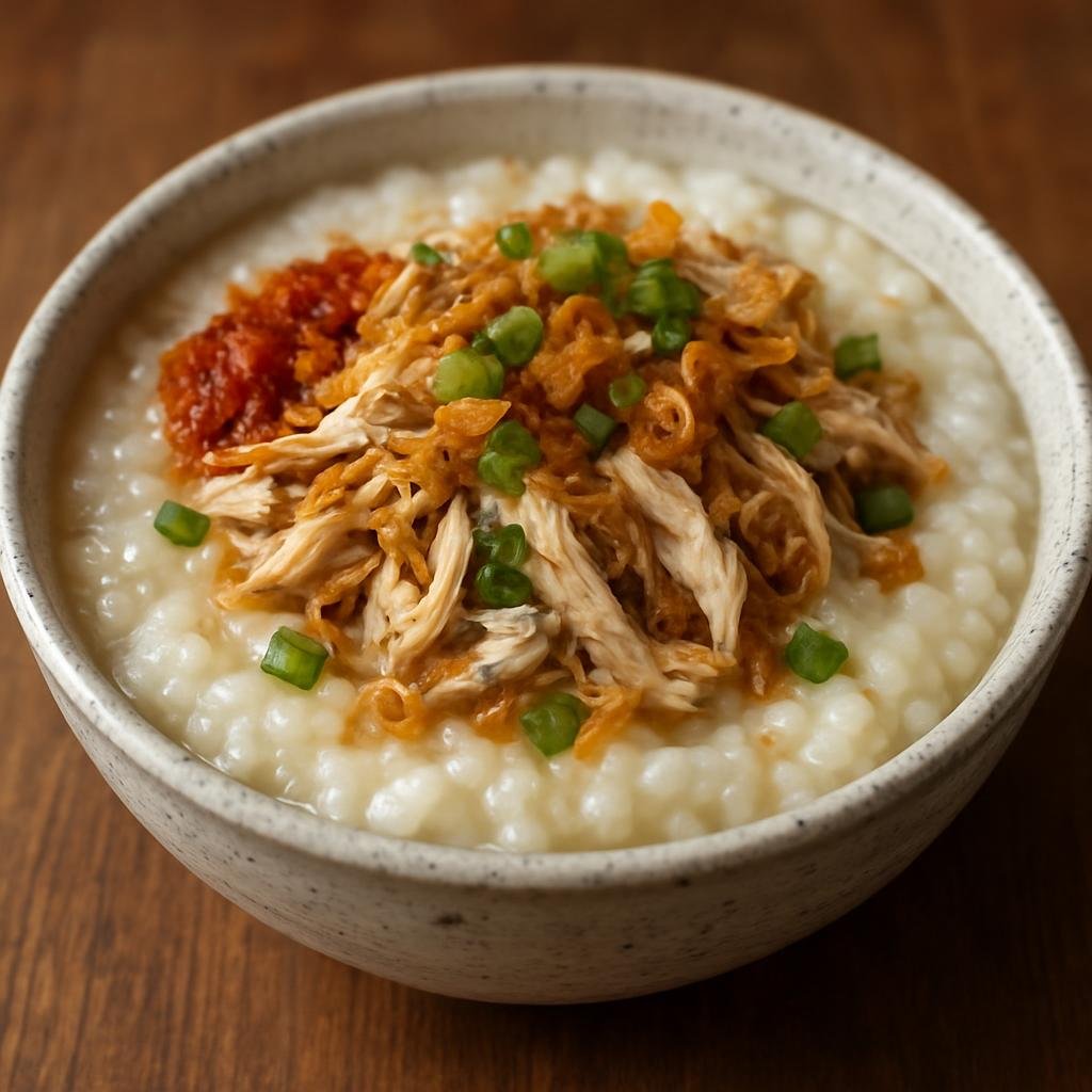 Entree: Cocos (Keeling) Islands – Central Culinary Region – Bubur Ayam (Savory chicken rice porridge topped with shredded chicken and crunchy garnishes) recipe