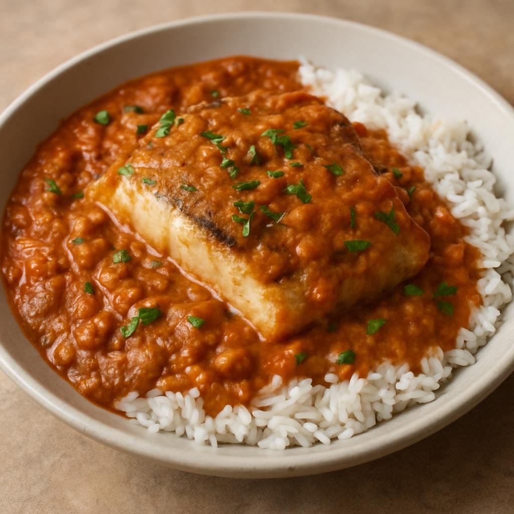Entree: Gambia – Ebbeh (Hearty Gambian peanut and tomato stew with firm white fish served over steamed rice) recipe
