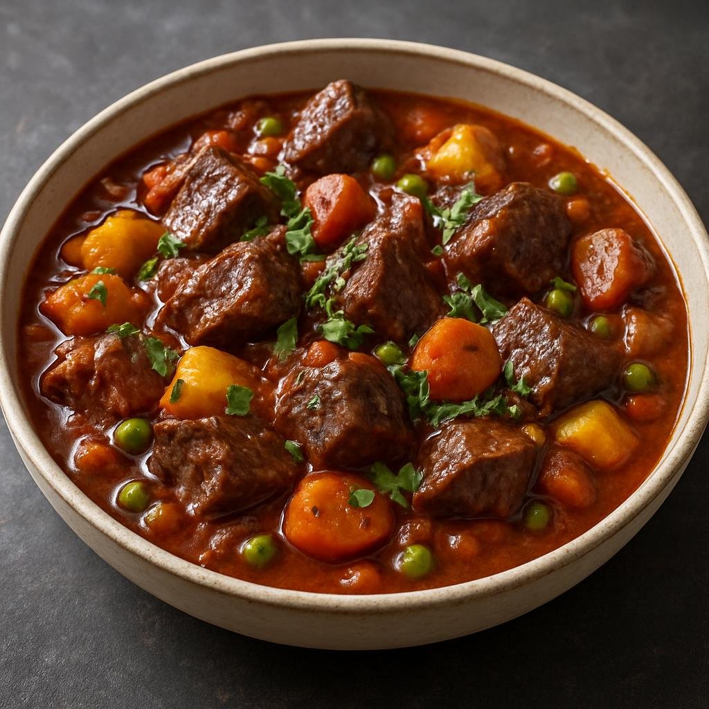 Entree: Gibraltar – Gibraltar-style Beef Stew (Hearty Mediterranean-style beef stew braised in tomato and red wine with vegetables and herbs) recipe