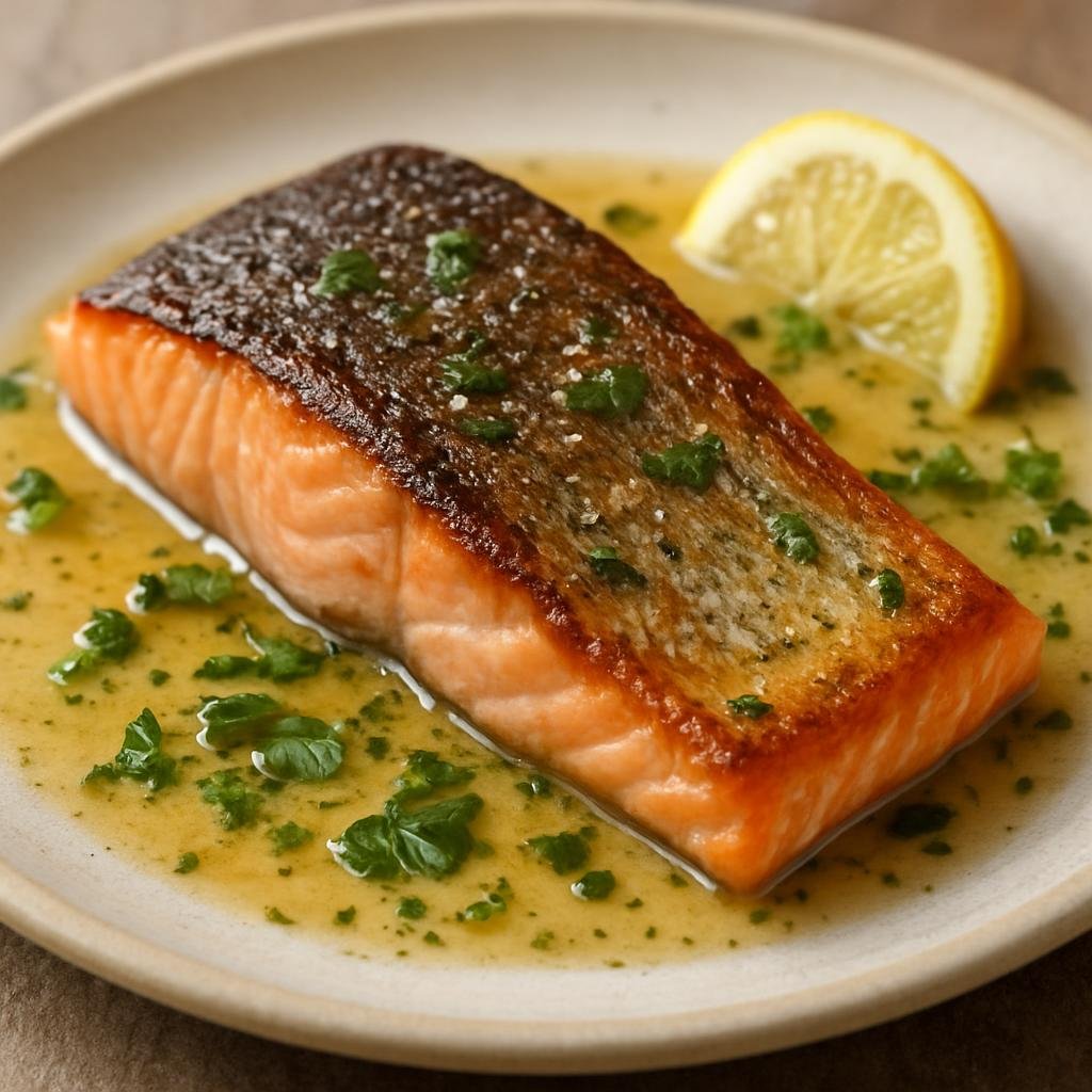 Entree: Heard Island and McDonald Islands – Crispy Skin Salmon (Pan-seared salmon fillets cooked skin-side crisp and finished with a simple lemon-herb pan sauce) recipe