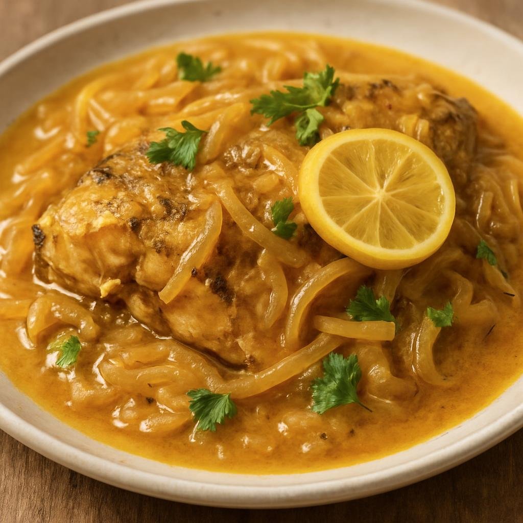 Entree: Mali – Yassa Poisson (West African lemon-onion marinated and braised fish in a tangy mustard sauce) recipe
