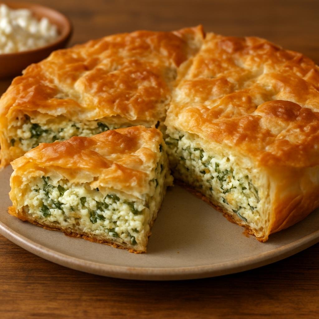 Entree: Romania – Dobrogea – Plăcintă Dobrogeană (Dobrogea-style layered savory pie typically filled with brined cheese, herbs, and eggs) recipe
