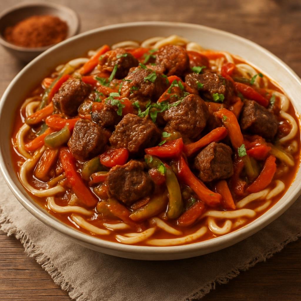 Entree: Uzbekistan – Fergana Valley – Ковурма Лагман ➤ Kovurma Lagman (Pan-fried meat and hand-pulled noodles in a spiced Central Asian vegetable sauce) recipe