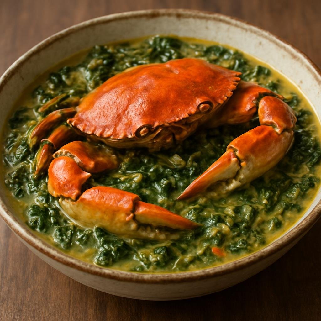 Entree: Antigua and Barbuda – National Cuisine – Callaloo and Crab (Hearty Caribbean stew of callaloo greens and crab simmered with coconut milk, aromatics, and spices) recipe