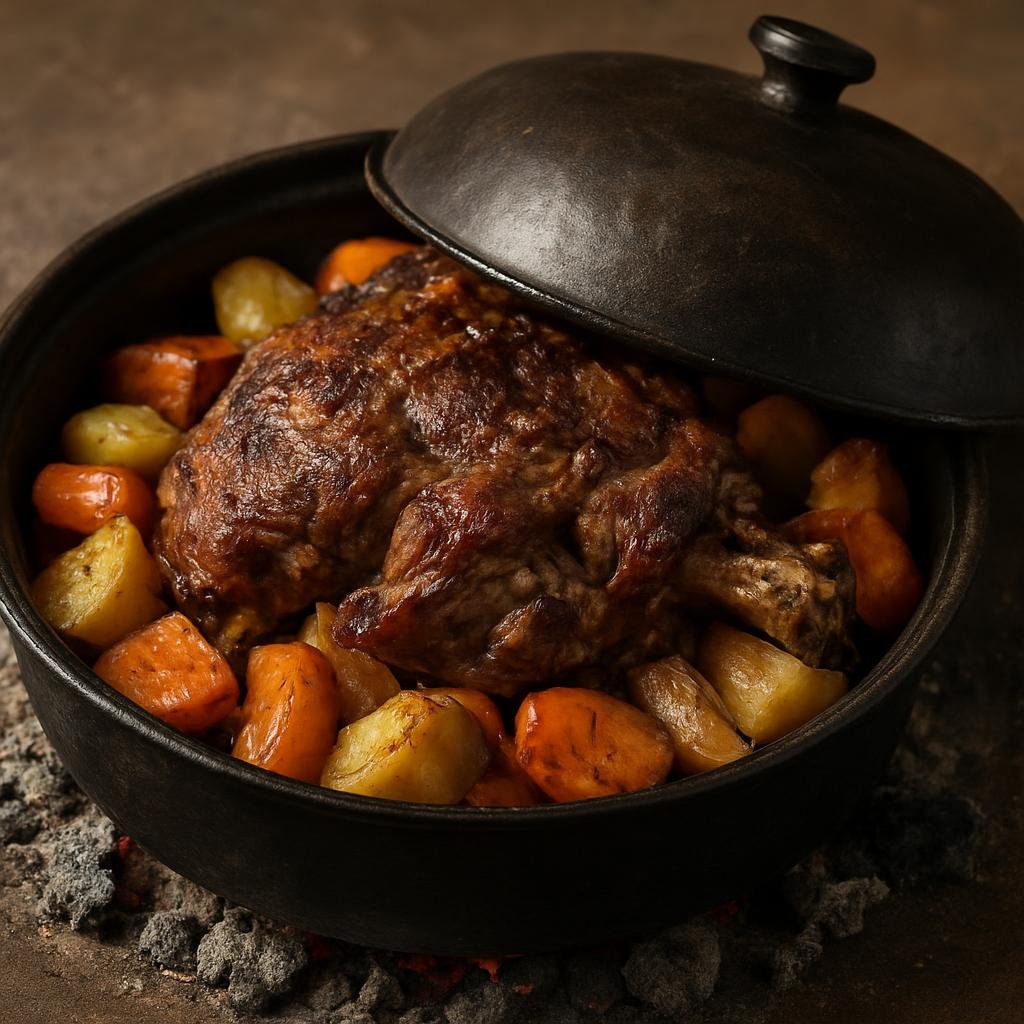 Entree: Bosnia and Herzegovina – National Cuisine – Janjetina ispod sača (Slow-roasted lamb cooked under a domed lid over embers with root vegetables) recipe