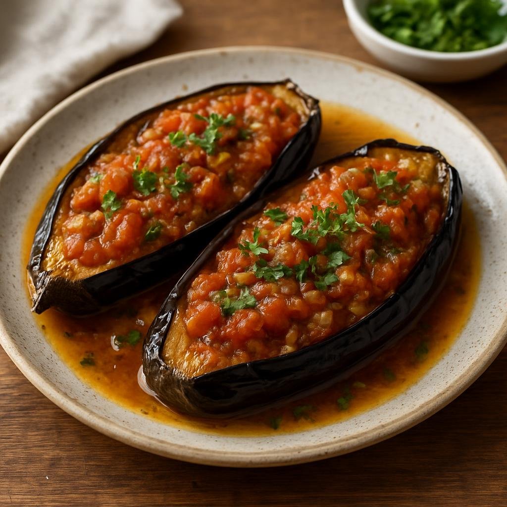 Entree: Bulgaria – National Cuisine – Имам байълды ➤ Imam bayaldy (Eggplants stuffed with a slow-cooked mixture of onion, tomato, garlic, and herbs, braised in olive oil) recipe