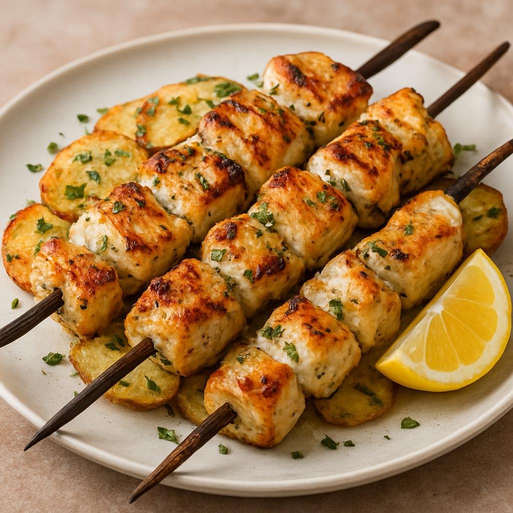 Entree: Portugal – Algarve – Espetada de Peixe (Marinated fish pieces skewered and grilled, traditionally on bay laurel sticks from the Algarve) recipe