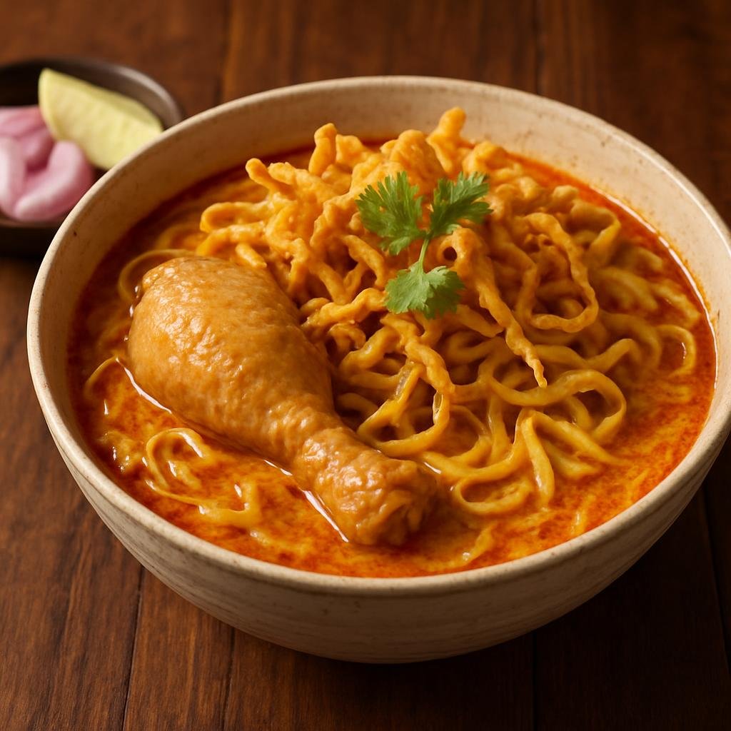 Entree: Thailand – Central Thailand – ข้าวซอย ➤ Khao soi (Coconut curry noodle soup with braised chicken and crispy fried noodles) recipe