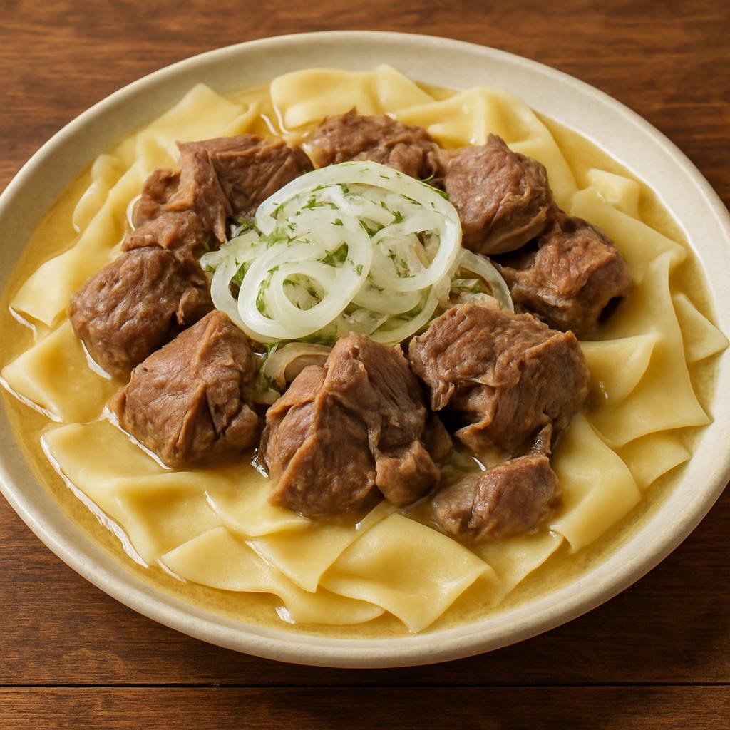 Entree: Ukraine – Crimean Tatar Cuisine – Beshbarmak (Boiled lamb served over wide flat noodles with meat broth and a simple onion sauce) recipe