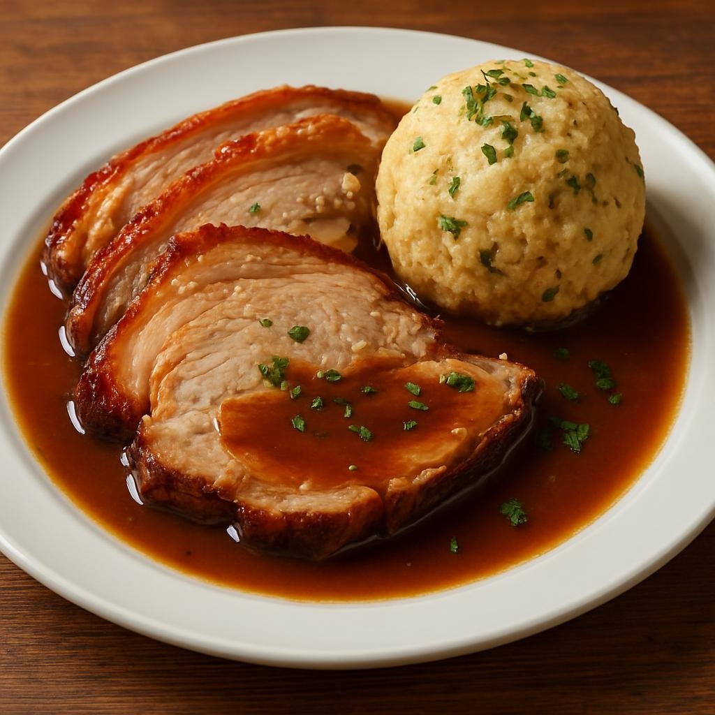 Entree: Austria – Salzburg & Alpine Austria – Schweinsbraten mit Knödel (Roast pork served with traditional bread dumplings and a rich pan gravy) recipe
