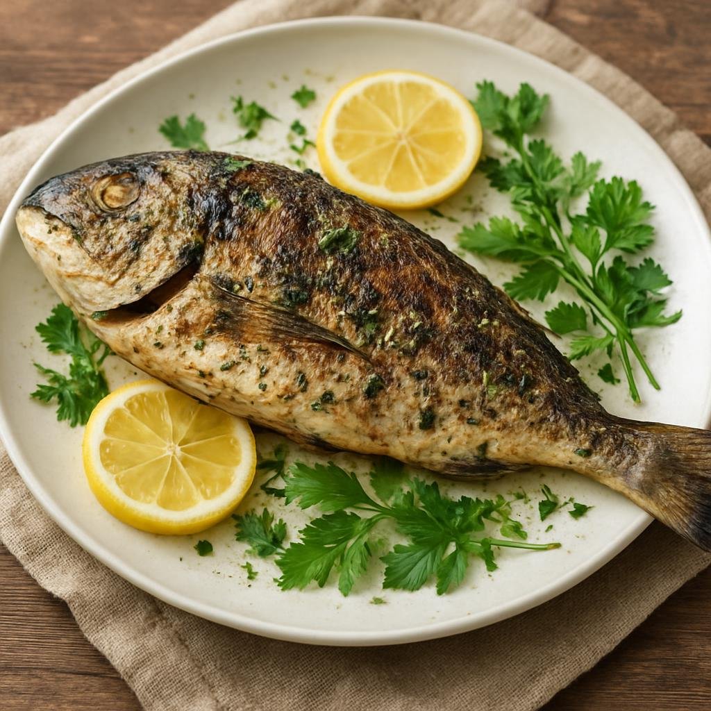 Entree: Azerbaijan – Baku & Absheron – Baliq (Whole fish seasoned with lemon and regional herbs and grilled or pan-roasted) recipe