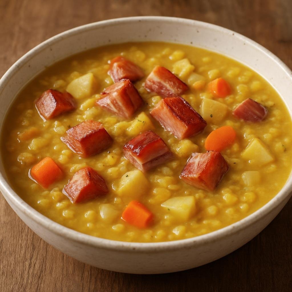 Entree: Denmark – Central Culinary Region – Gule ærter med flæsk (Thick Danish yellow split pea soup simmered with smoked or salted pork belly and root vegetables) recipe
