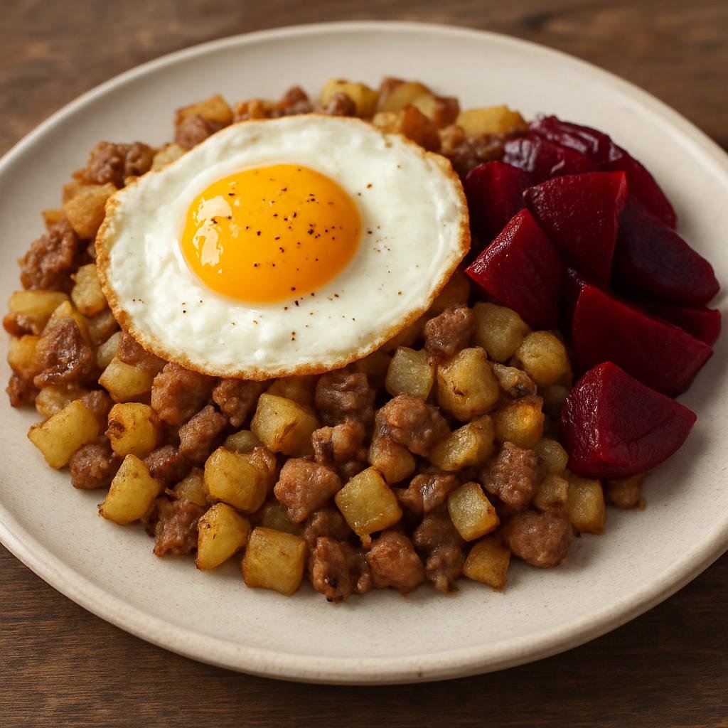 Entree: Finland – Finnish Coastal Cuisine – Pyttipannu (Finnish pan-fried hash of diced potatoes, onions, and cooked meat, typically finished with a fried egg and served with pickled beets) recipe