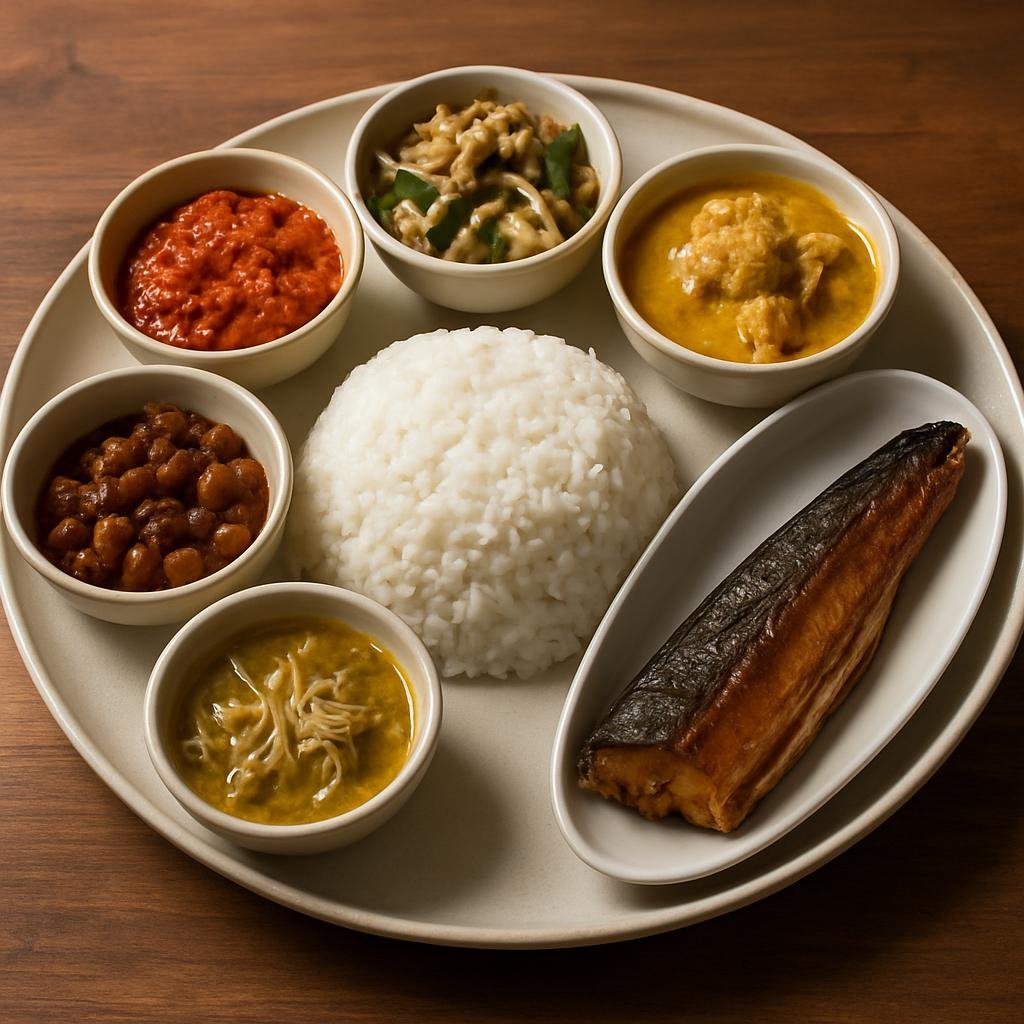 Entree: Netherlands – Friesland – Friese Rijsttafel (Frisian-style Dutch Indonesian rice table composed of steamed rice served with several small Indonesian dishes and local smoked eel) recipe