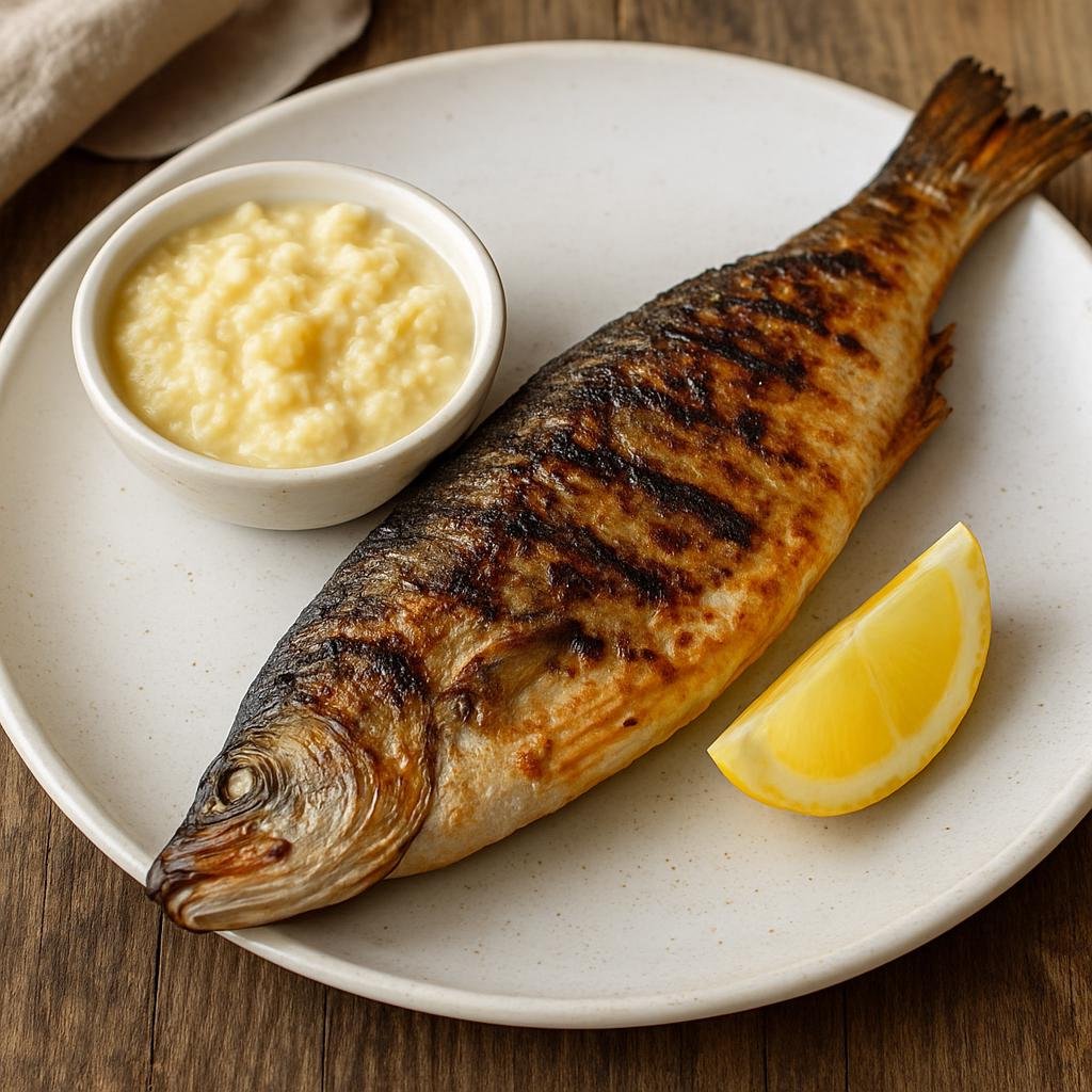 Entree: Romania – Dobrogea – Mujdei de Usturoi cu Pește (Grilled or roasted fish served with mujdei, a pungent Romanian crushed garlic emulsion) recipe