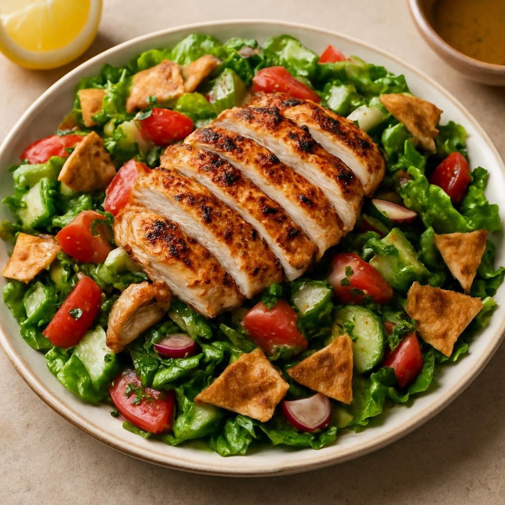 Entree: Syria – Coastal Syria – فتوش مع دجاج مشوي ➤ Fattoush ma'a dajaj mashwi (Toasted pita and herb-forward Levantine salad topped with lemony grilled chicken) recipe