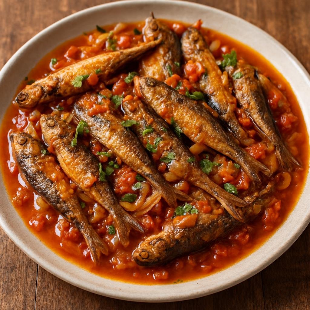 Entree: Tanzania – Lake Victoria Tanzania – Dagaa wa Ziwa (Pan-fried small Lake Victoria fish cooked in a spiced tomato and onion sauce) recipe