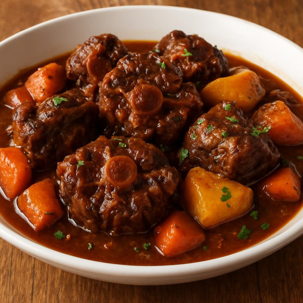 Entree: Antigua and Barbuda – National Cuisine – Stewed Oxtail (Slow-braised oxtail in a rich Caribbean gravy with aromatic spices and root vegetables) recipe