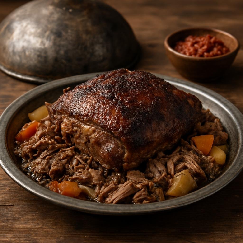 Entree: Bosnia and Herzegovina – National Cuisine – Teletina ispod sača (Slow-roasted veal cooked beneath a metal dome with embers for an earthy, charcoal-kissed finish) recipe