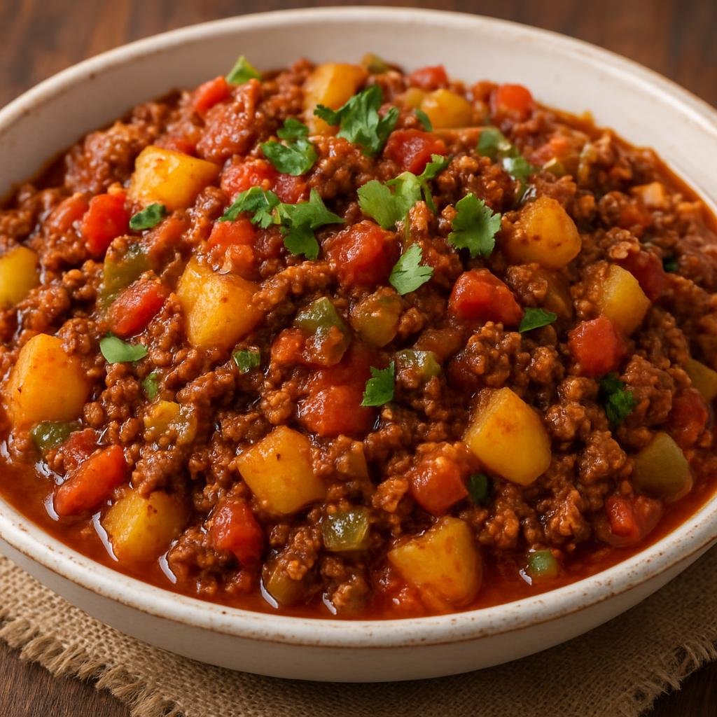 Entree: Costa Rica – National Cuisine – Picadillo de Papa (Costa Rican seasoned ground beef and potato hash cooked with tomatoes and vegetables) recipe