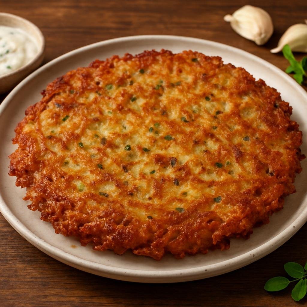 Entree: Czechia – Central Culinary Region – Bramborák (Crisply fried savory potato pancakes flavored with garlic and marjoram) recipe