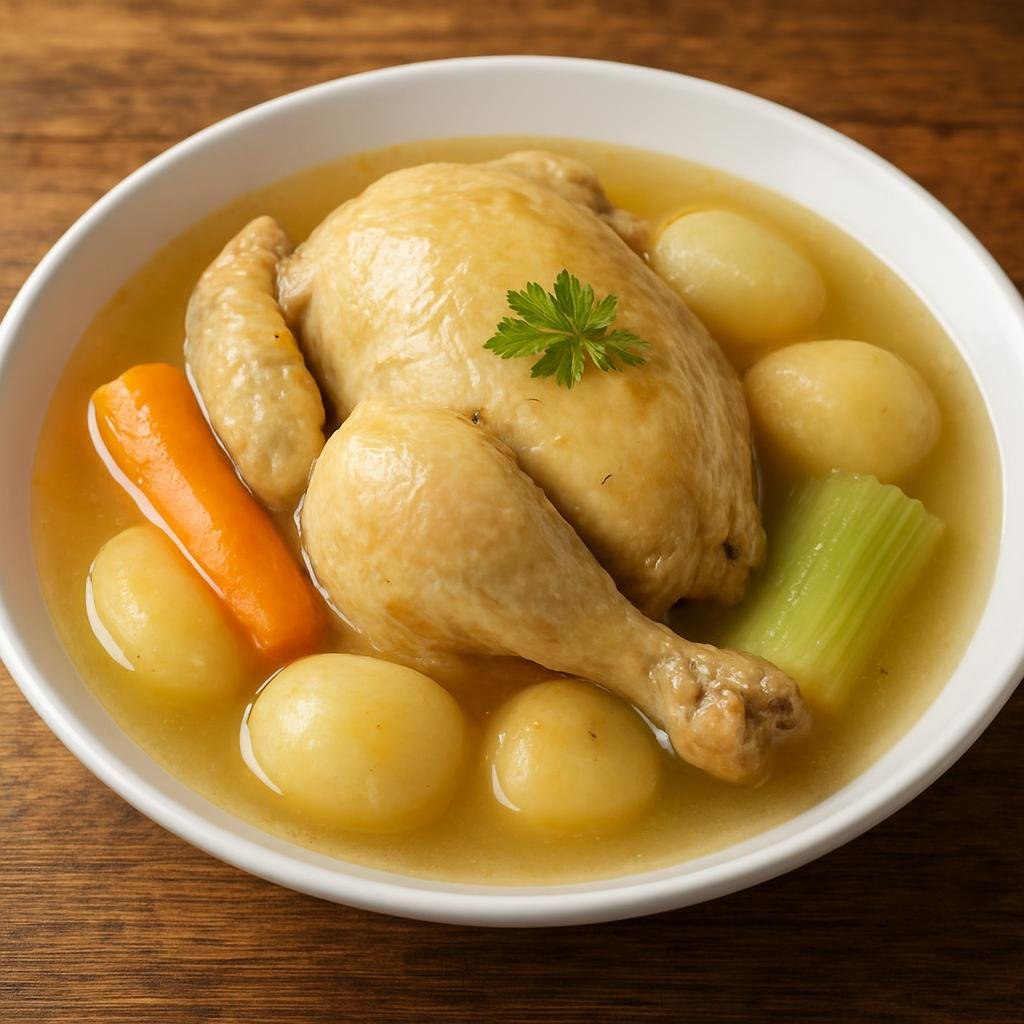 Entree: French Southern Territories – National Cuisine – Poule au Pot (Slow-simmered whole hen and root vegetables served with a fragrant clear broth) recipe