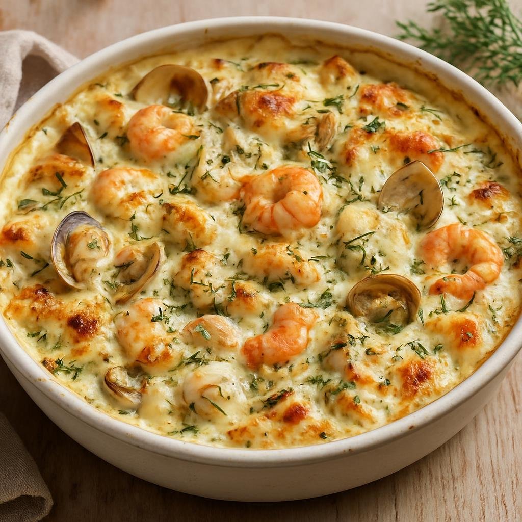 Entree: Norway – Norwegian Coastal Seafood – Havets Skatt ("Treasure of the Sea" — a baked Norwegian mixed seafood gratin in a creamy dill sauce) recipe