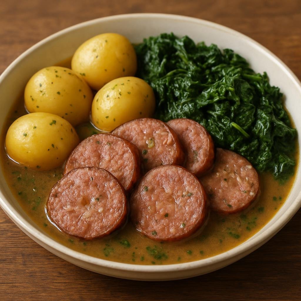 Entree: Switzerland – French Swiss – Longeole Genevoise (Geneva-style fennel-flavored pork sausage stew served with potatoes and greens) recipe
