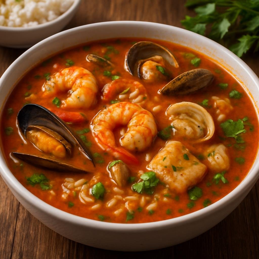 Entree: Honduras – Northern Culinary Region – Sopa Marinera (Honduran mixed-seafood soup simmered in a tomato and aromatic broth with rice and fresh herbs) recipe