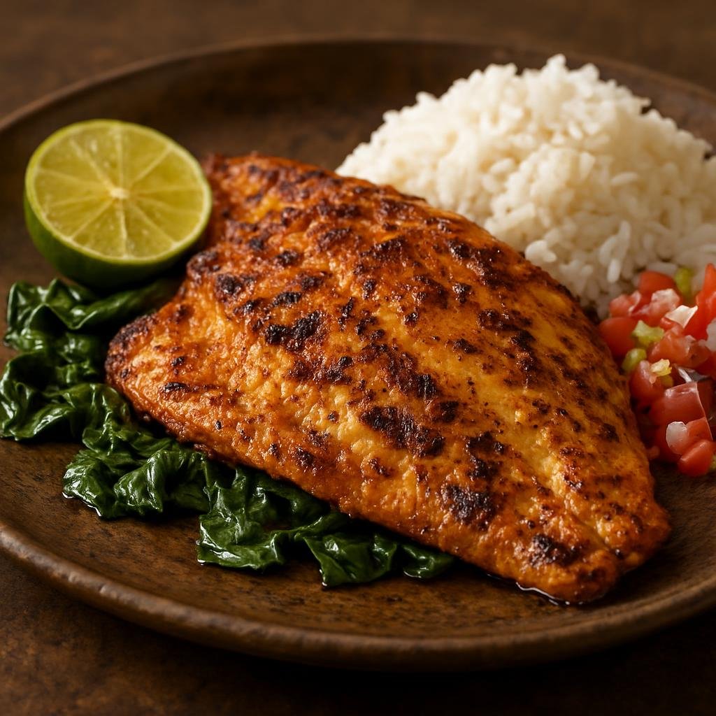 Entree: Papua New Guinea – Northern Culinary Region – Grilled Barramundi (Char-grilled barramundi fillets marinated in coconut and citrus with island-style spices) recipe