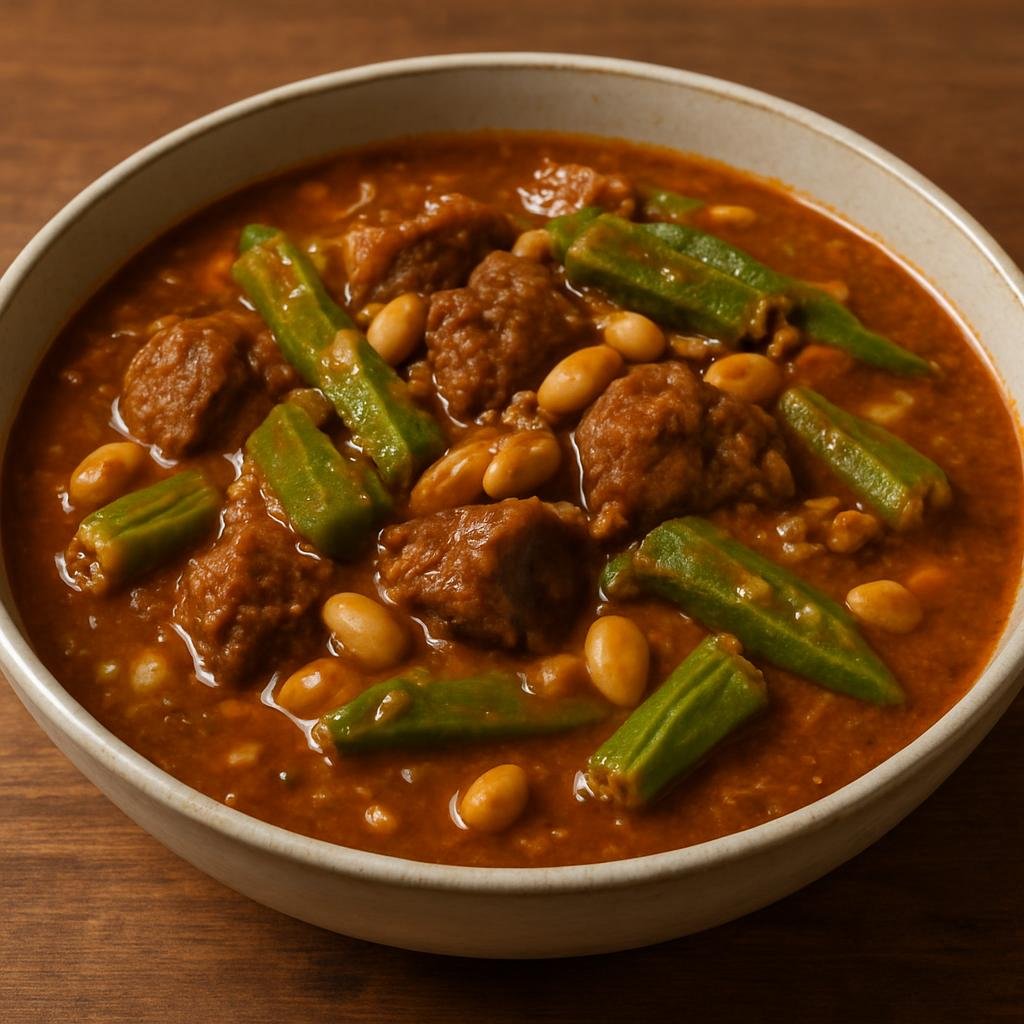 Entree: South Sudan – Northern Culinary Region – Mullah (Hearty South Sudanese meat stew with okra and peanut that thickens into a richly flavored sauce) recipe