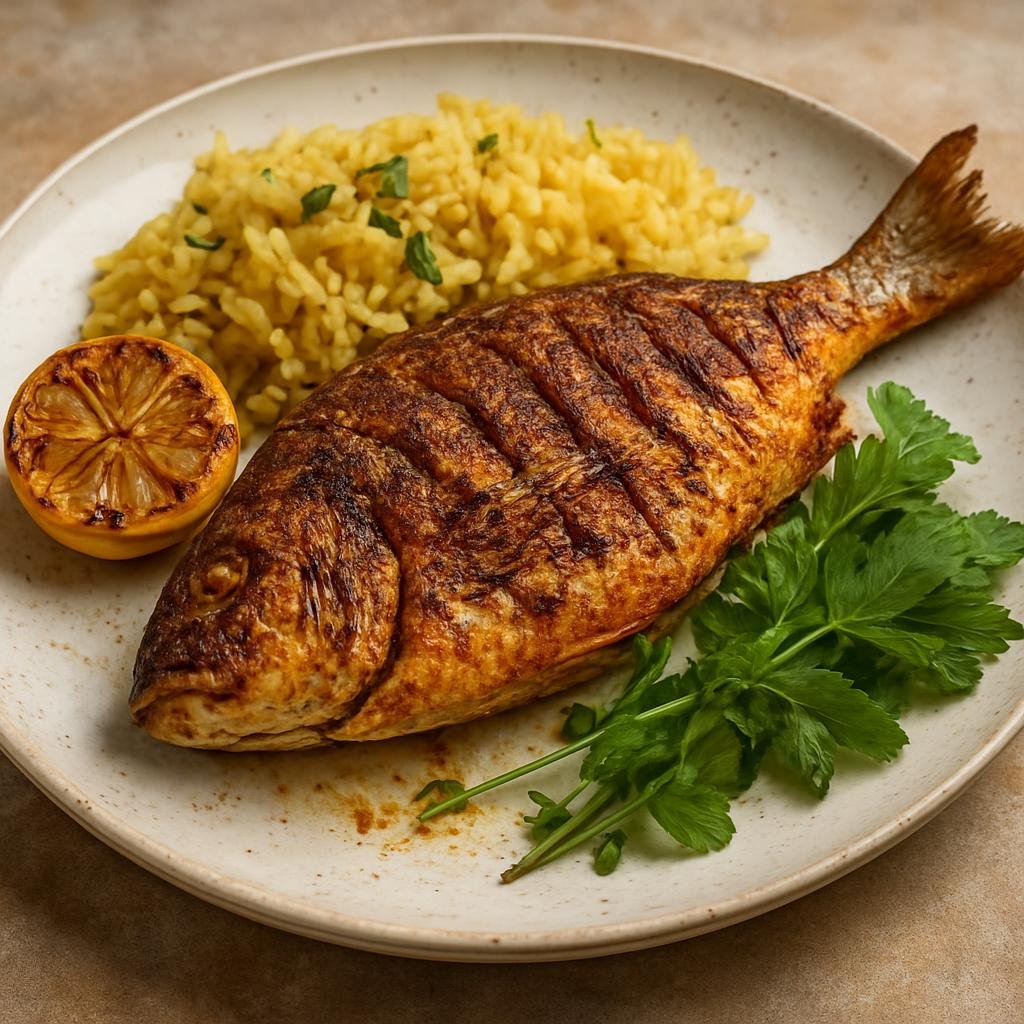 Entree: United Arab Emirates – Northern Culinary Region – سمك مشوي ➤ Samak Mashwī (Grilled whole or filleted fish seasoned with Arabian spices, citrus, and herbs) recipe