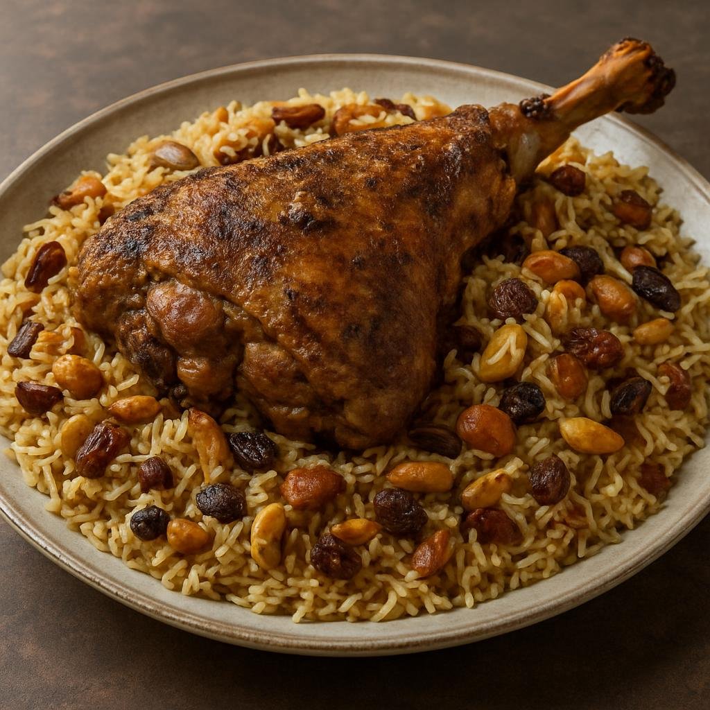 Entree: Bahrain – Central Culinary Region – لحم أوزي ➤ Lahm Ouzi (Festive roasted spiced lamb served over fragrant rice studded with nuts and dried fruit) recipe