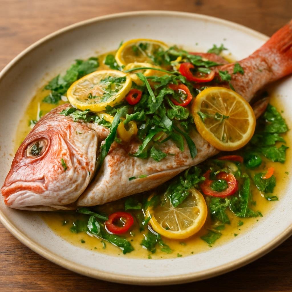 Entree: Cayman Islands – Central Culinary Region – Steamed Snapper (Whole snapper steamed with island citrus, herbs, and peppers) recipe