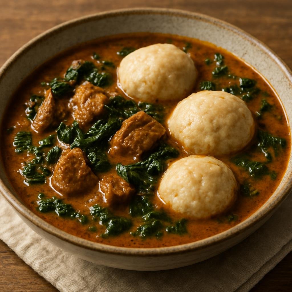 Entree: Chad – Fangassou (Hearty Chadian peanut stew with meat, greens, and millet dumplings) recipe