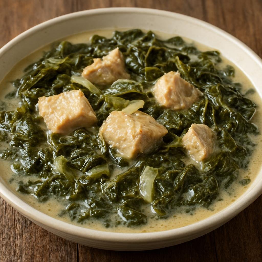 Entree: Cook Islands – Taro Leaf Stew (Creamy coconut stew of tender taro leaves simmered with onion and fish or pork) recipe