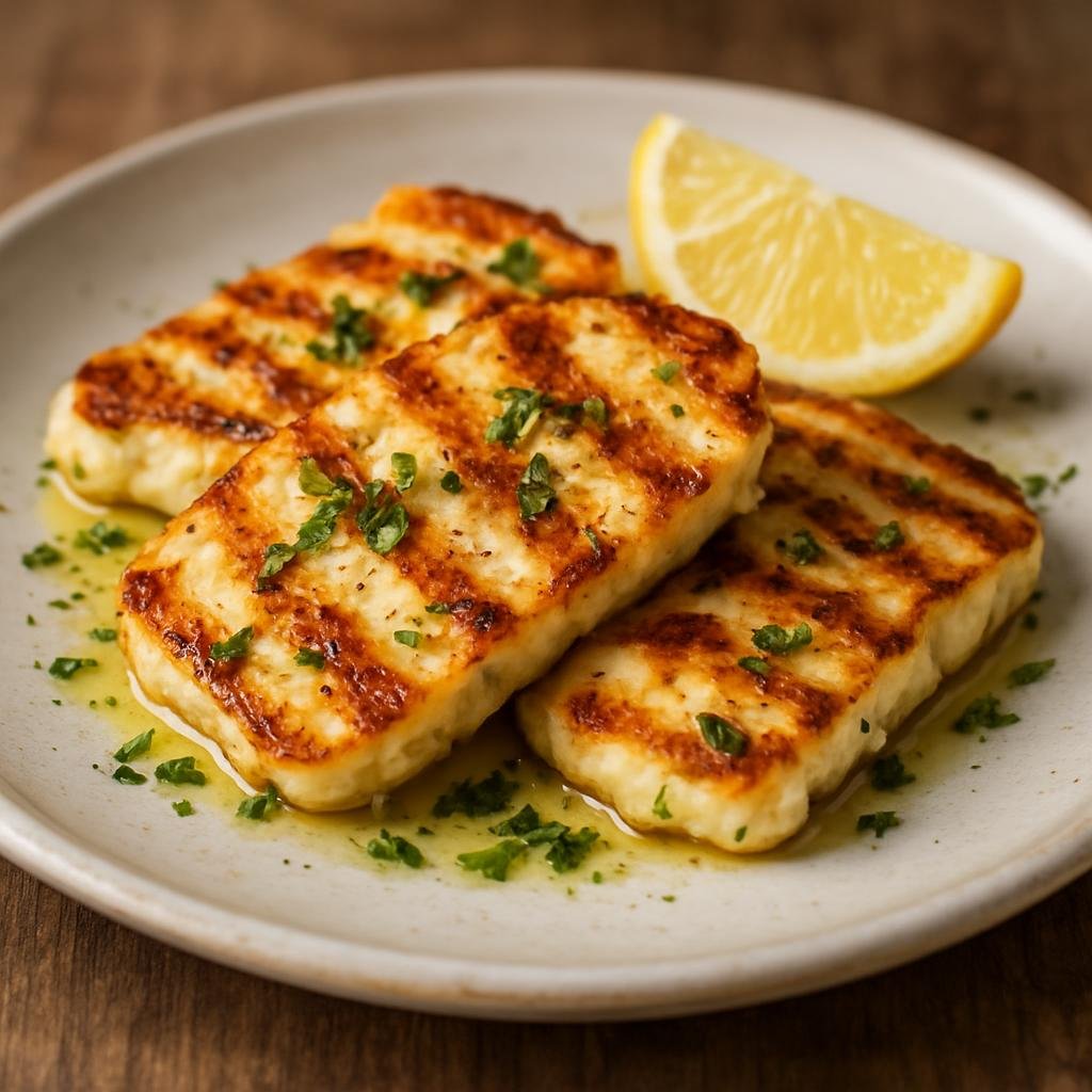 Entree: Cyprus – Halloumi Meze (Grilled Cypriot salted cheese served warm with lemon, olive oil and herbs) recipe