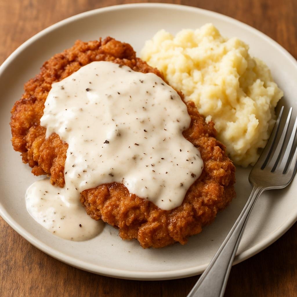 Entree: United States – Appalachia – Country Fried Steak (Breaded and pan-fried tenderized beef steak served with creamy peppered milk gravy) recipe