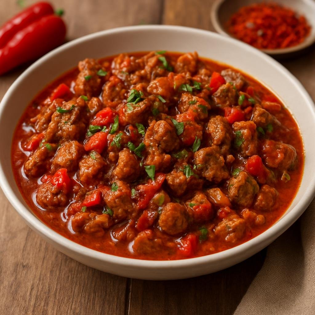 Entree: France – Basque Country – Axoa de Veau (Basque sautéed veal in a savory onion, pepper, and Espelette pepper sauce) recipe